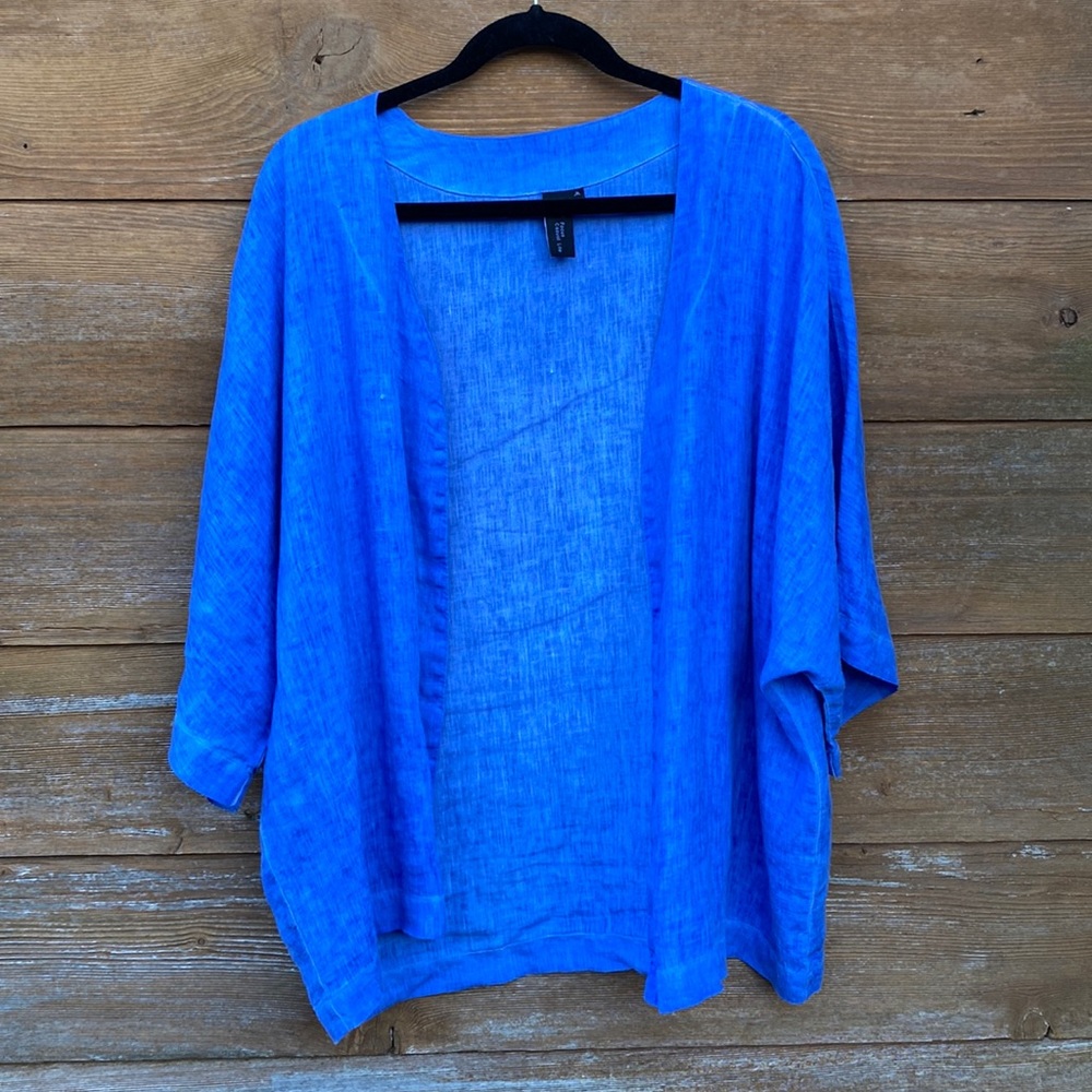 Focus Casual Life Bright Blue Linen Open Front Kimono Top